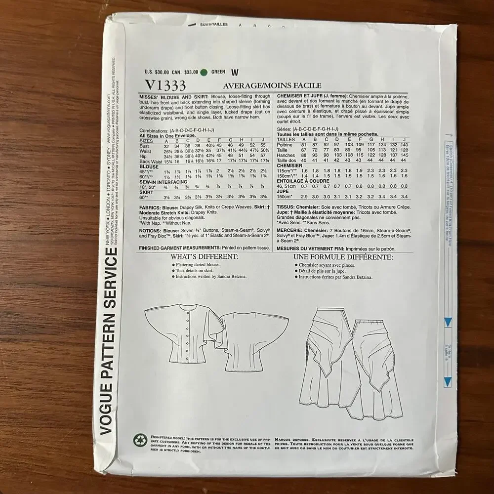 UNCUT Vogue  Pattern 1333 OSZ Sandra Betzina Blouse & Skirt
